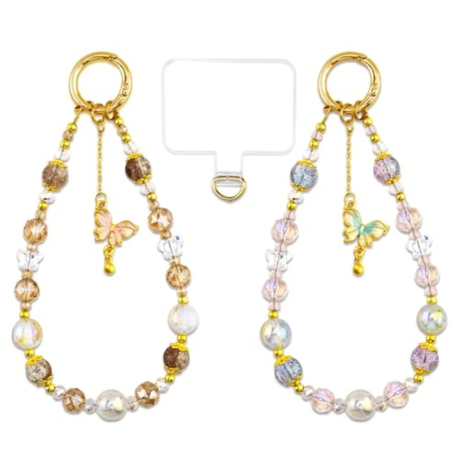 

OEHEDOU 2pcs Phone Charms Strap Cute Beaded Wristlet Keychain Phone Charm Wrist Strap For Women Butterfly Phones Charm For Wome