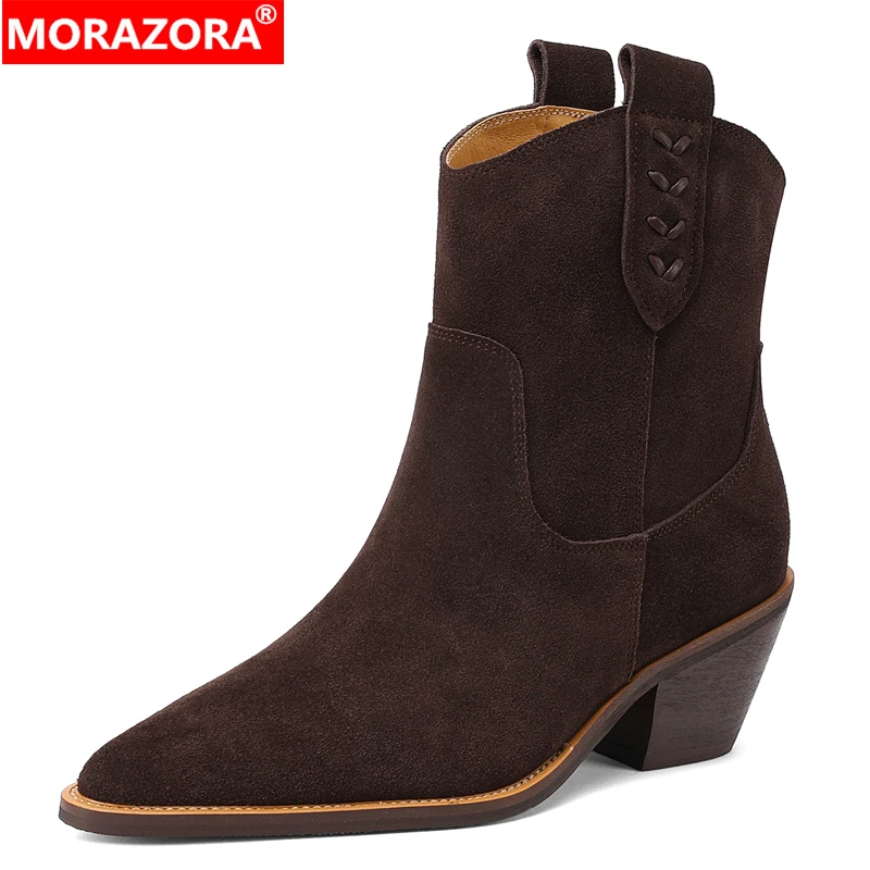 

MORAZORA, большие размеры 34–43, ботинки в стиле вестерн из коровьей замши, женские ковбойские ботильоны на массивном высоком каблуке, осенне-зимние ботинки ручной работы