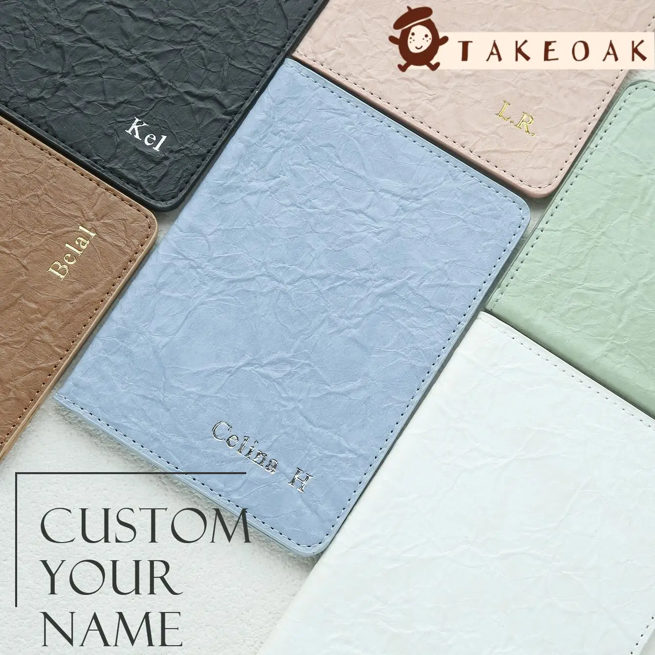 Takeoak Faux Leather Passport Cover Custom Embossed Name Crinkle Texture Travel Passport Holder Card Slot Storage Case Gifts