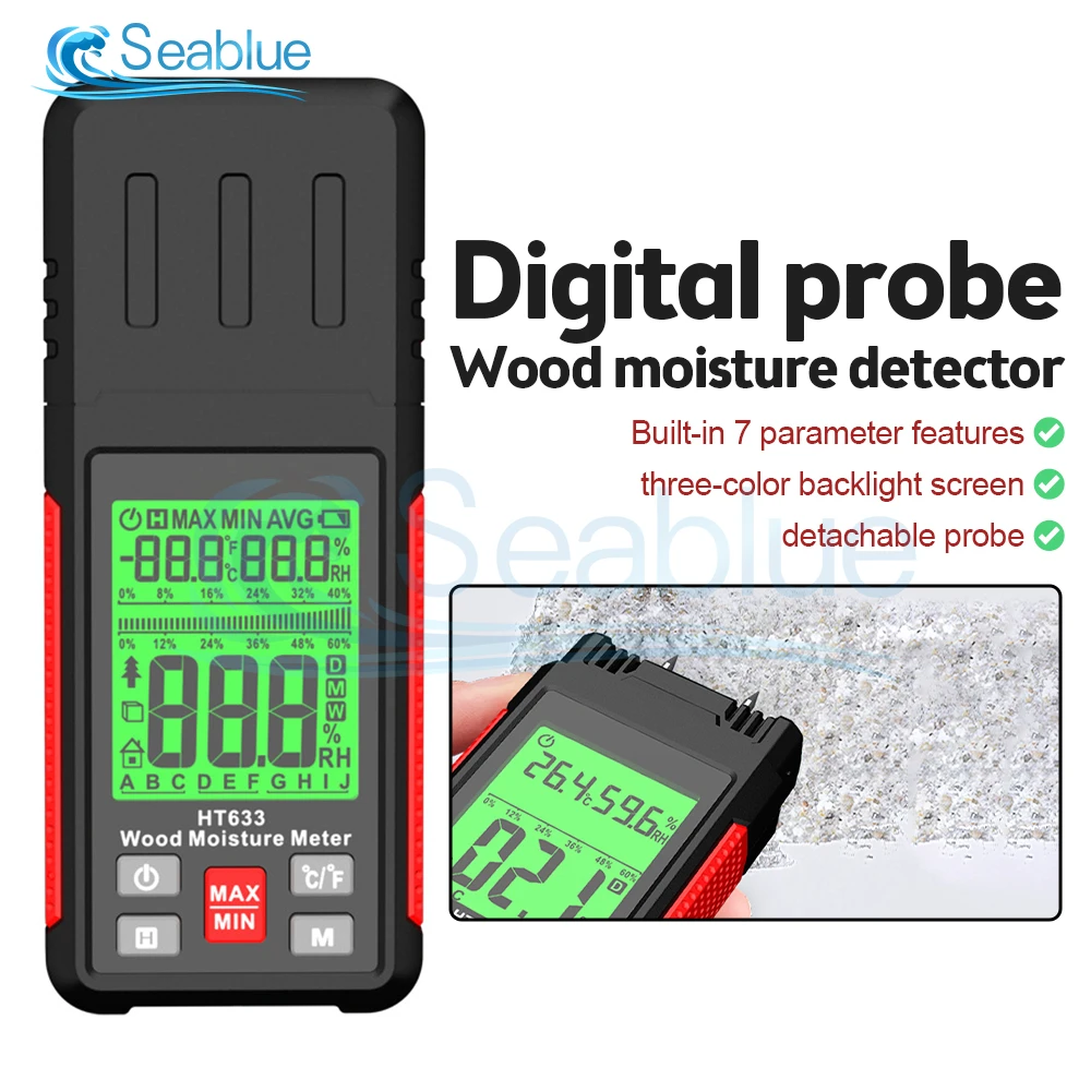 

HT633 Digital Wood Moisture Meter Professional 0~57% Timber Hygrometer Portable Tool LCD Display Timber Damp Detector Resistance