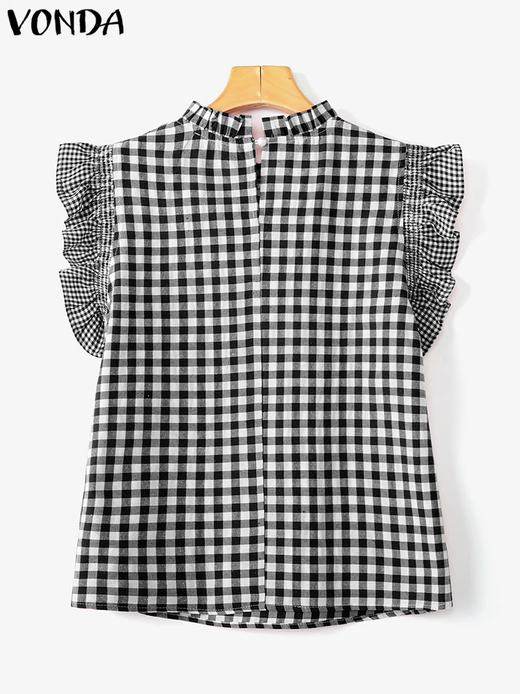 VONDA Women Plaid Tops 2025 Summer Short Sleeve Blouse Vintage Patchwork Ruffled Casual Shirts Loose Elegant Streetwear Blusas