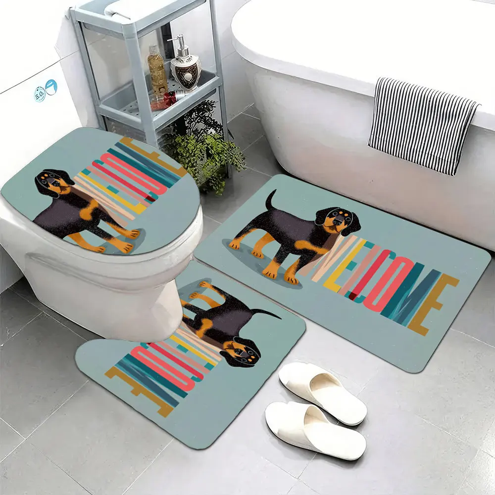 

3pcs Super Soft Bathroom Floor Mats Set, Non-slip Backing, Cute Illustration Of A Black And Tan Coonhound Dog Standing On T Prin