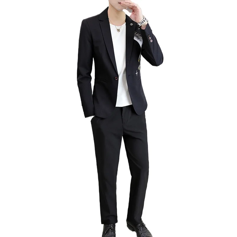 New Men\'s Small Suit Set Korean Version Slim Trend Handsome Matching Color Two-piece Set  Four Seasons  Regular  Smart Casual