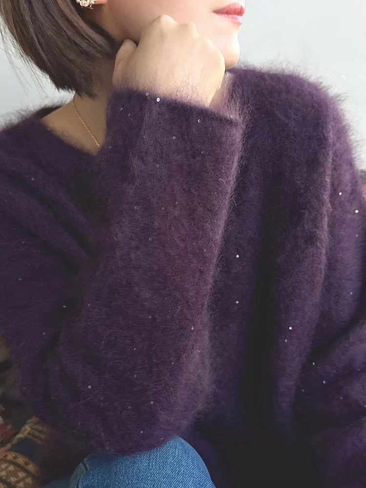 

Свободный вязаный свитер из камаре с пайетками, круглой горловиной, длинными рукавами, мягкий, женский, модный