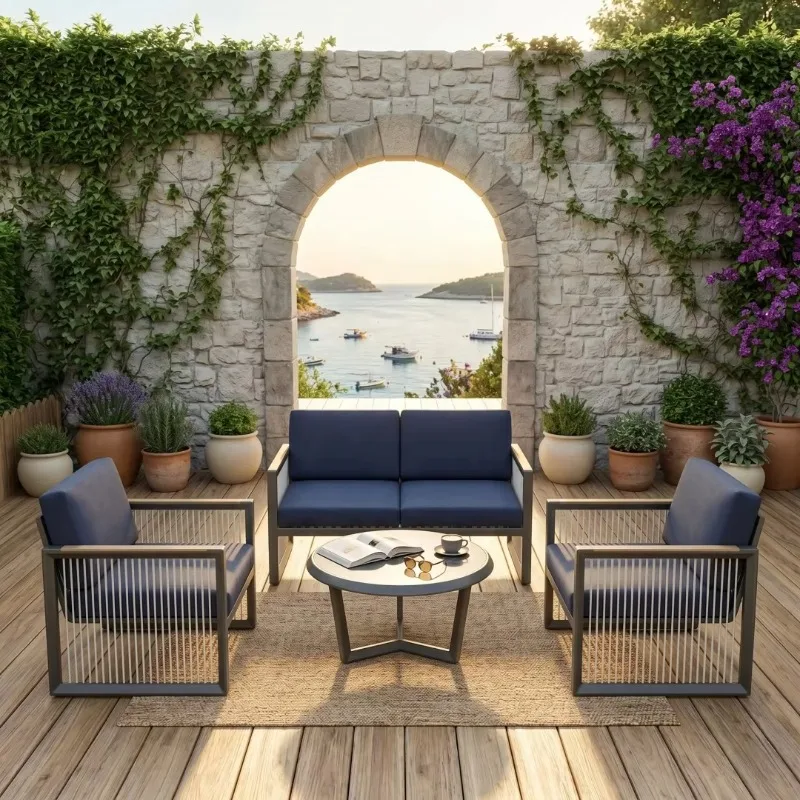 High End Aluminum Frame Outdoor Combination Sofa Set With Removable Washable Thick Cushions For Garden Courtyard Use Luxurious