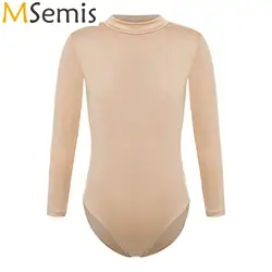 Nude Kids Girls Gymnastics Ballet Dance Training Costume Mock Neck/Round Neck Long Sleeve Leotard Solid Color Yoga Bodysuit