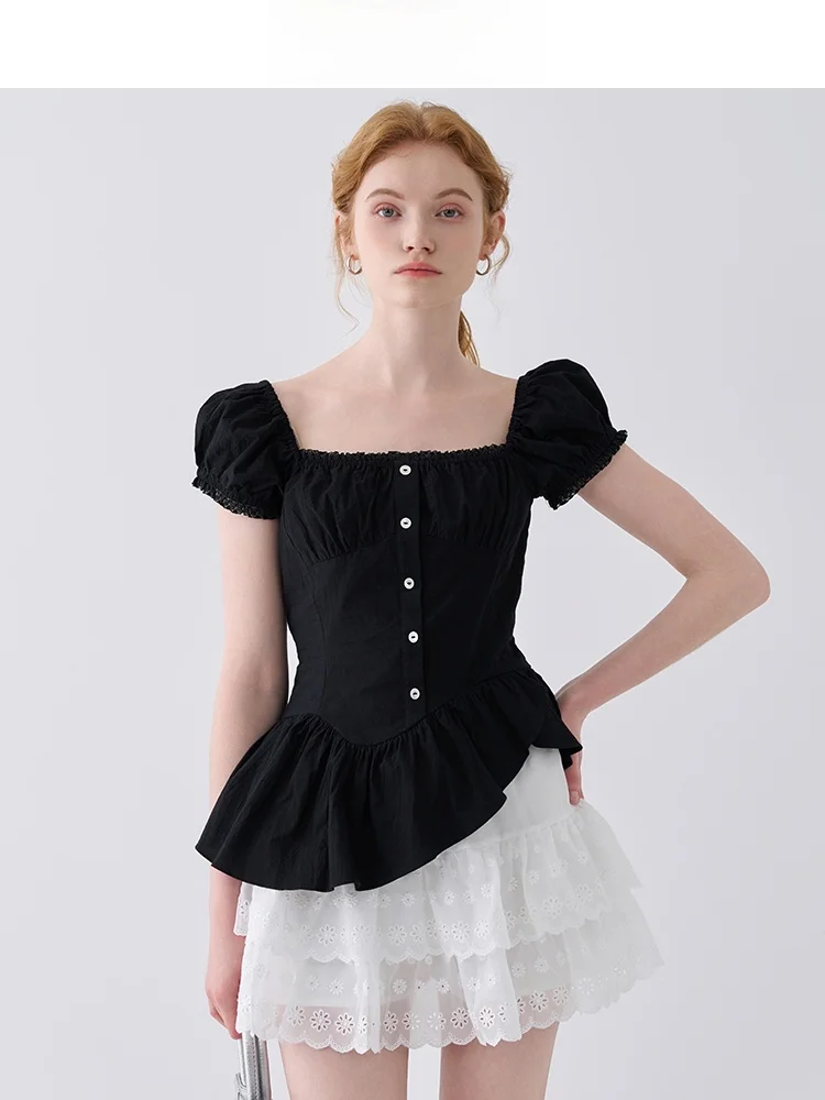 

Slim Fit Women's irt Jiujiu Design Summer 2025 Square Collar Asymmetrical Waist-Cinching Bubble Sve Sweet Sle Cotton B...