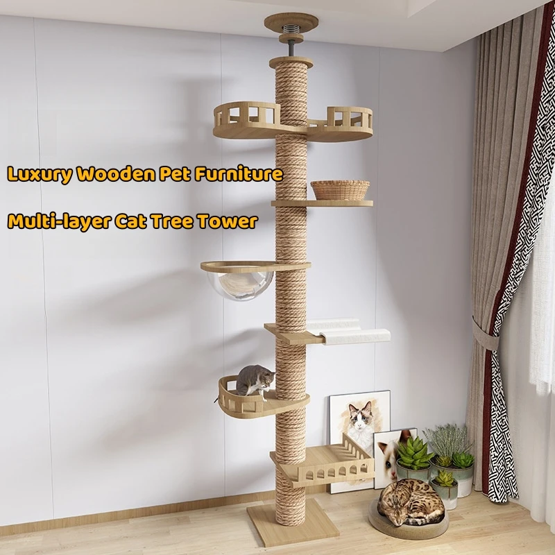 Cat Tree Floor To Ceiling Cat Tower with Scratching Post Hammock Pet Activity Center Kitten Climbing Toy Pet Furniture