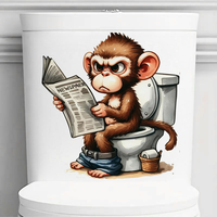 Cartoon Monkey Sitting on the Toilet Reading a Newspaper Sticker, Toilet Lid Decal, Apply for Wall, Bathroom, Cabinet, Door, etc