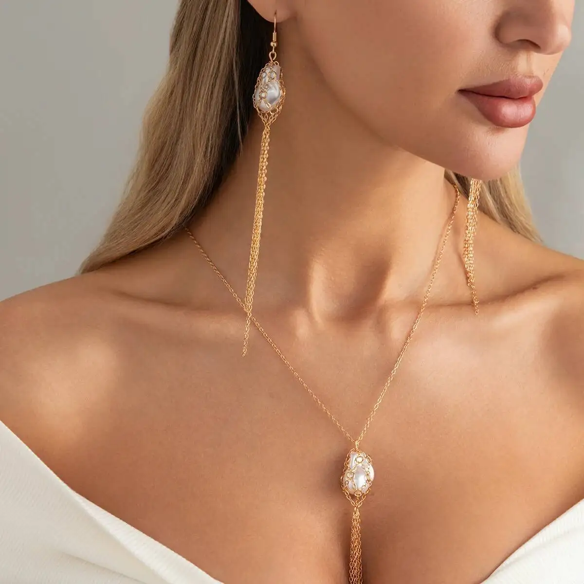 KunJoe 2026 Baroque Imitation Pearl Pendant Necklace Stud Earrings Set Women Trendy Elegant Tassels Chain Ear Accessory Jewelry