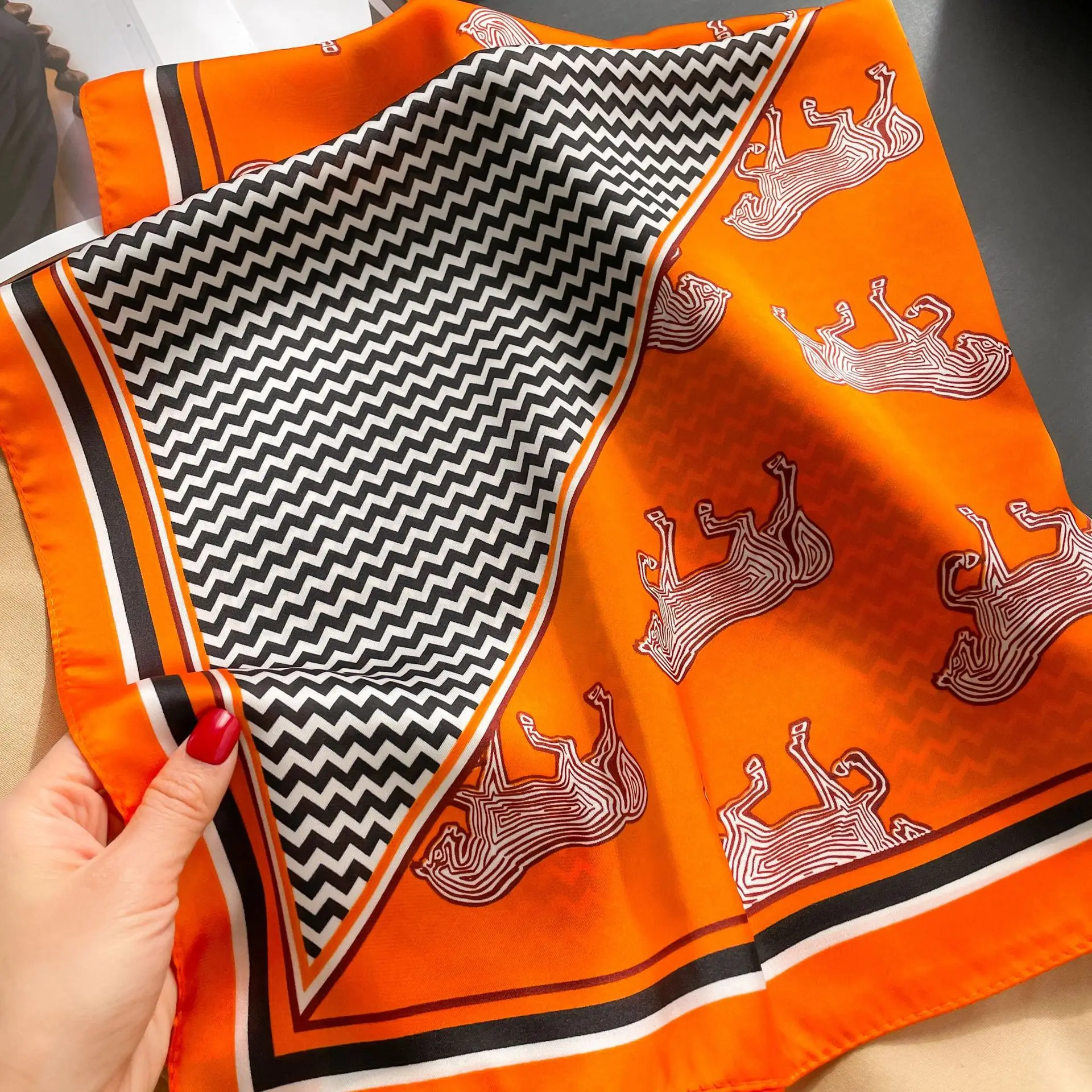 Luxury Brand Orange Horse Print Square Scarf for Women Breathable Warm Polyester Silk-Like Feel Shawl Fashion Hairbands