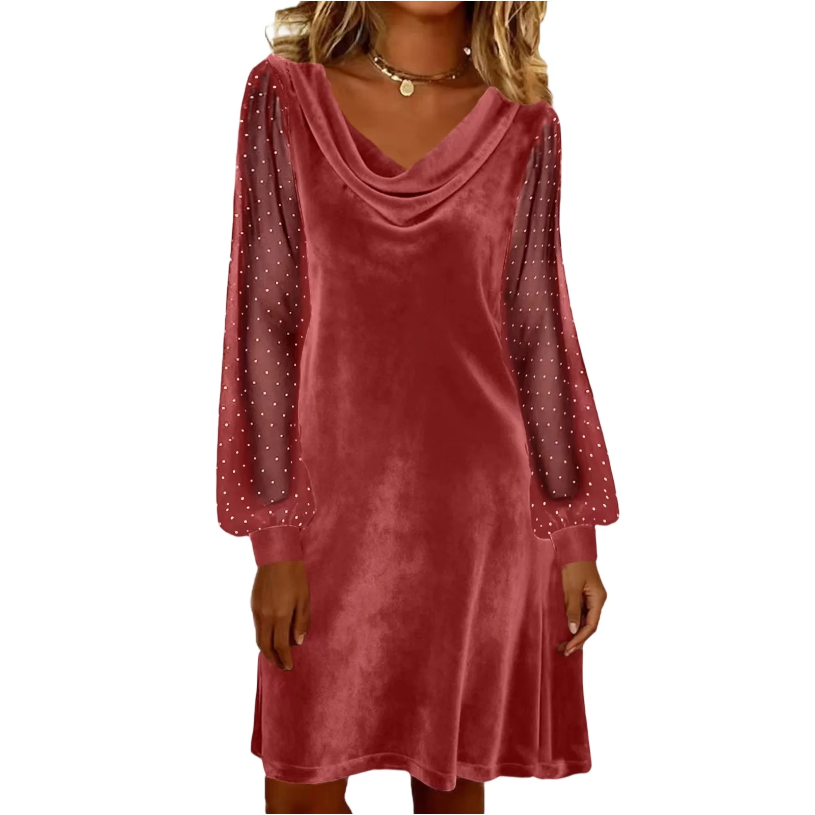 فستان نسائي مثير بأكمام طويلة فستان نسائي عنابي مخملي شفاف بأكمام شفافة فستان قصير منقط فاخر للتاريخ يوميًا 2026 #3