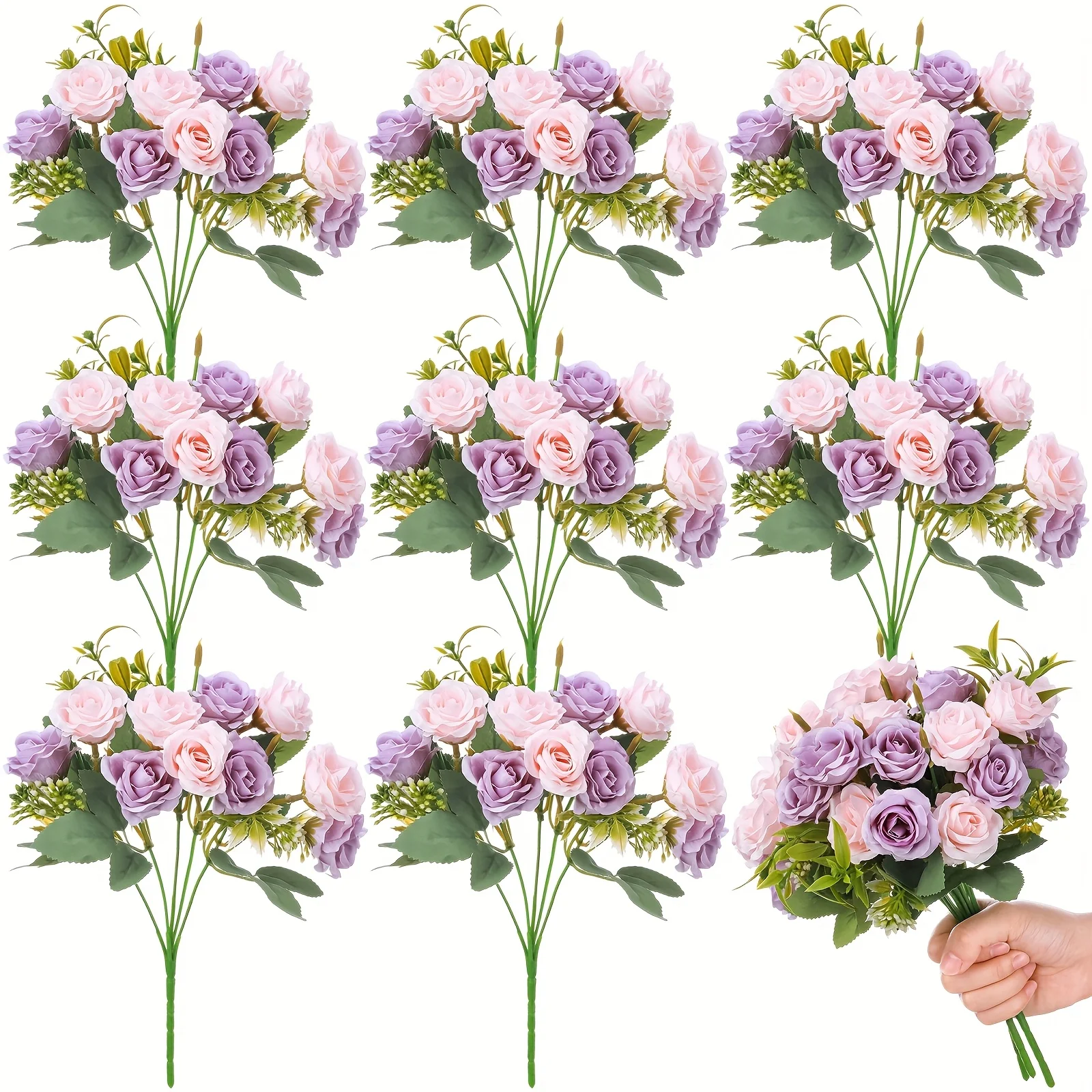 

8 Pack 12 Inch Wedding Bouquets For Bride Bridesmaid Pink And Purple Artificial Rose Bouquet Fake Roses Flowers Bunches Bulk For Home Office Garden Parties Decoration