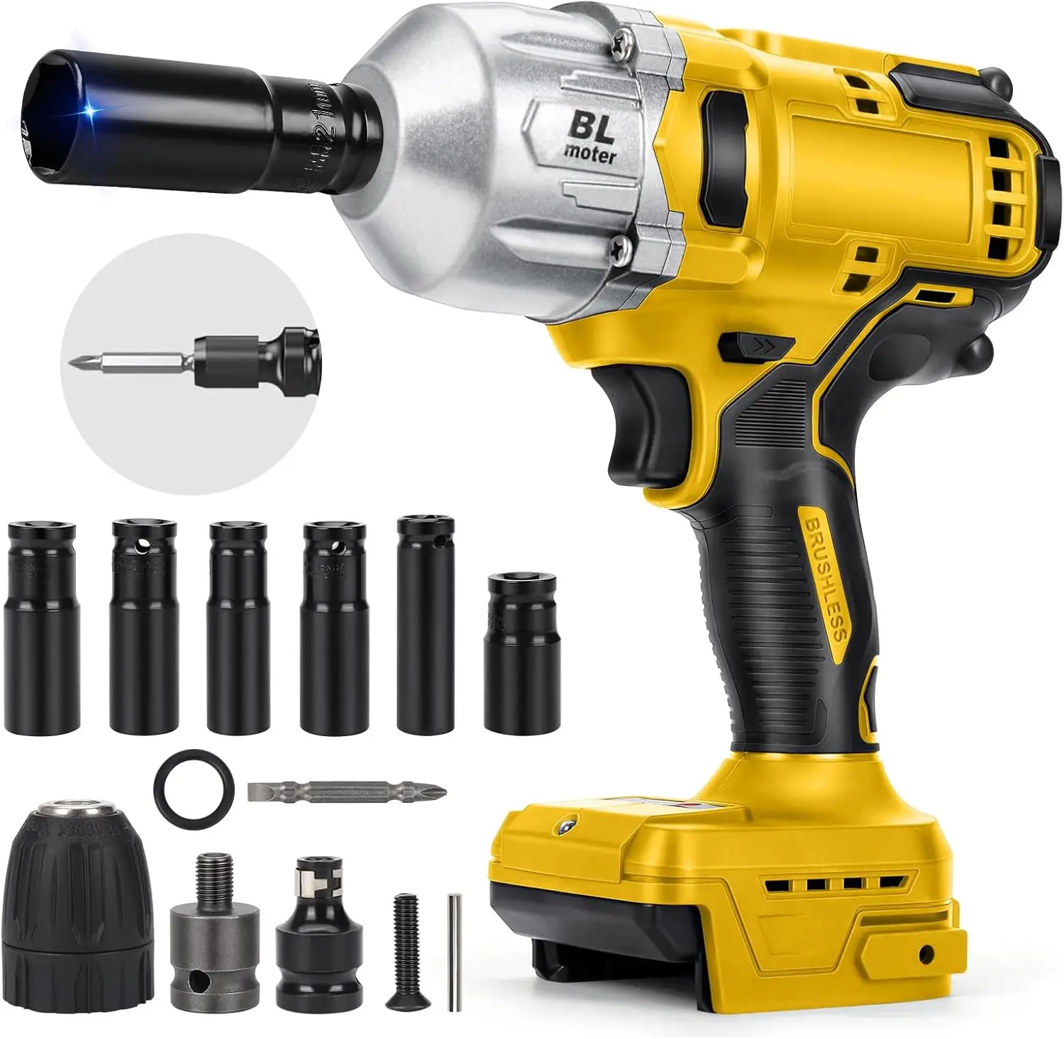 

1000Nm Cordless Impact Wrench for Dewalt 20V Max Battery, 1/2 inch Brushless High Torque Electric Impact Driver with 7 Sockets,