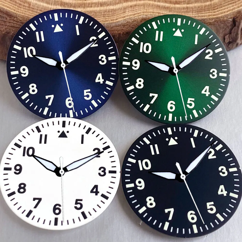 Tandorio 29mm Pilot NH35 Dial for Miyota 8215 NH35 PT5000 Triangle at 12 Arabic Numerals Sterile Sunburst Luminous Watch Dial