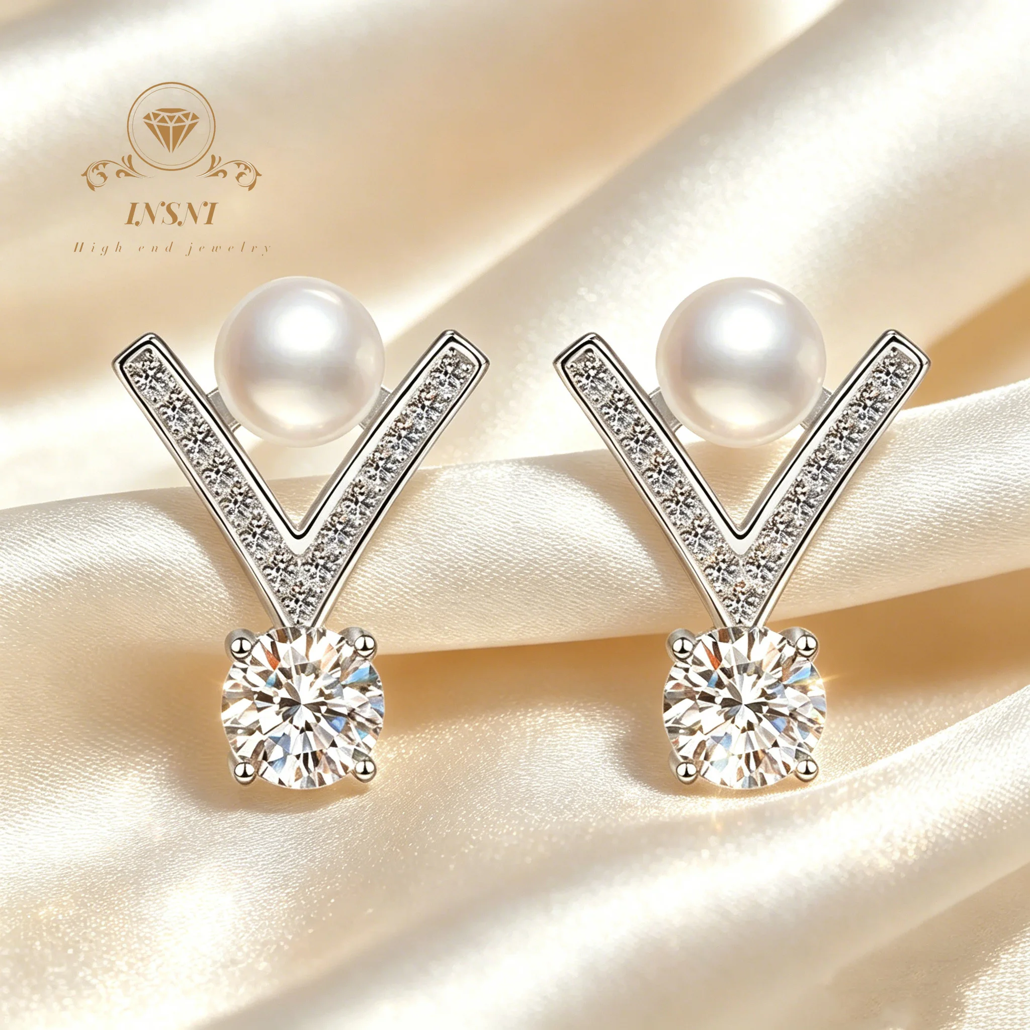 

Contemporary V-Shaped Freshwater Pearl Hoop Earrings with D-Color Moissanite S925 Silver Affordable Luxury Jewelry Women