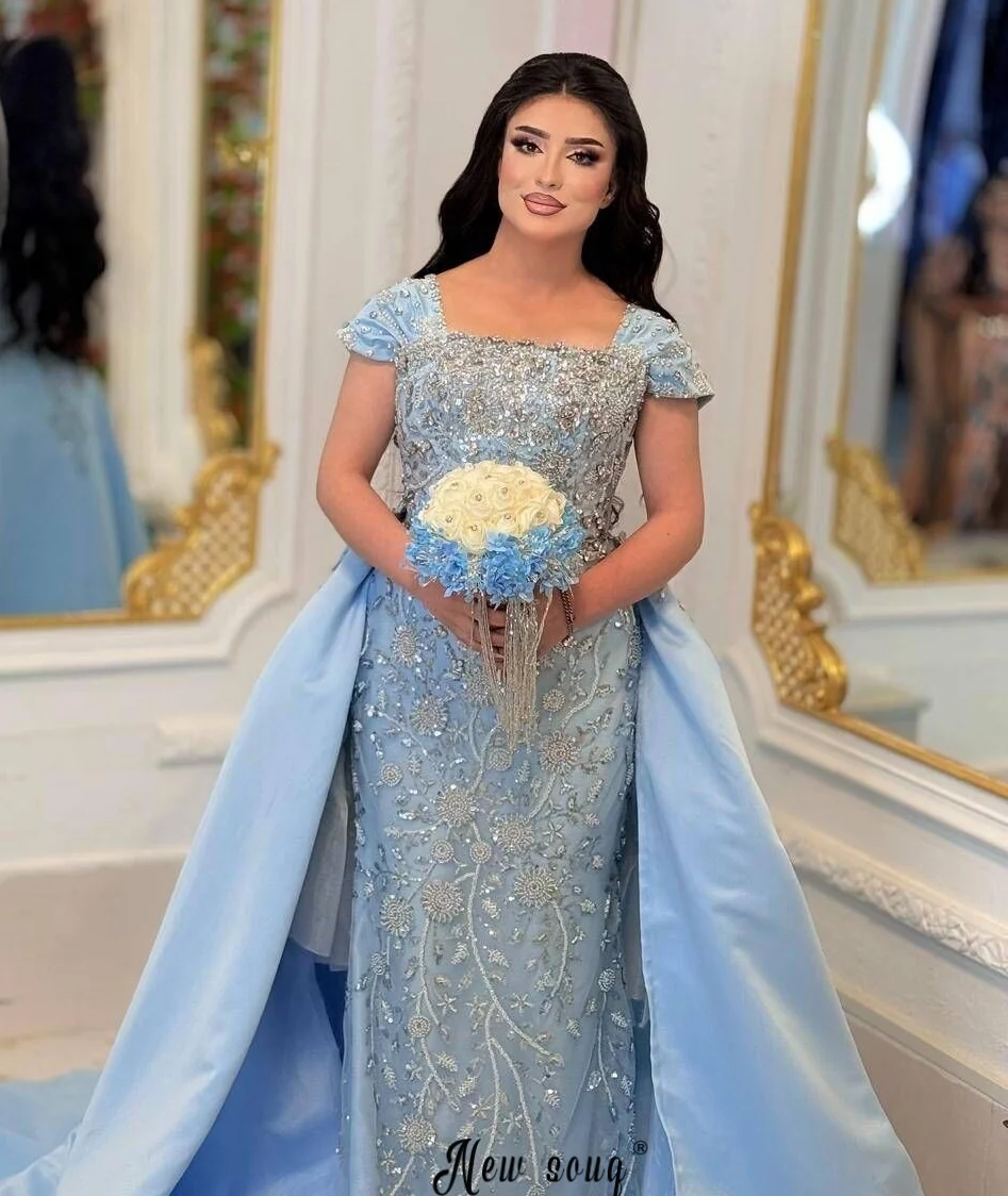 Couture Sky Blue Off Shoulder Prom Dress Beading Women's Wedding Reception Gowns With Detachable Train Customized vestito sposa