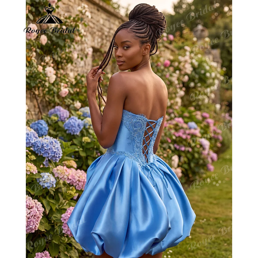 Sweetheart Beaded Lace Corset Mini Bubble Satin Prom Dress 3D Large Rose Appliqué Lace Up Back Bright Blue Homecoming GownCustom