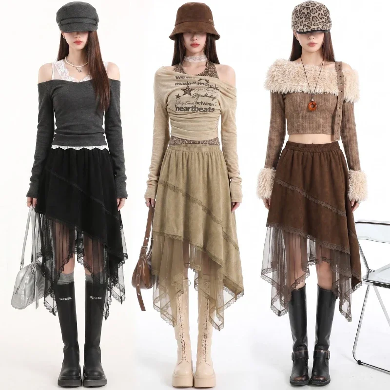 Vintage Brown Tone Elastic Waist Irregular Hem Tulle A‑Line Casual Half Skirts 2026 Suede‑Effect Lace Trim Midi Women's Skirt