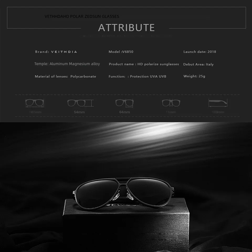 VEITHDIA-Brand Aluminum Magnesium Polarized Sunglasses, Photochromic UV400 Lens, Eyewear Accessories, Male and Female, 6850