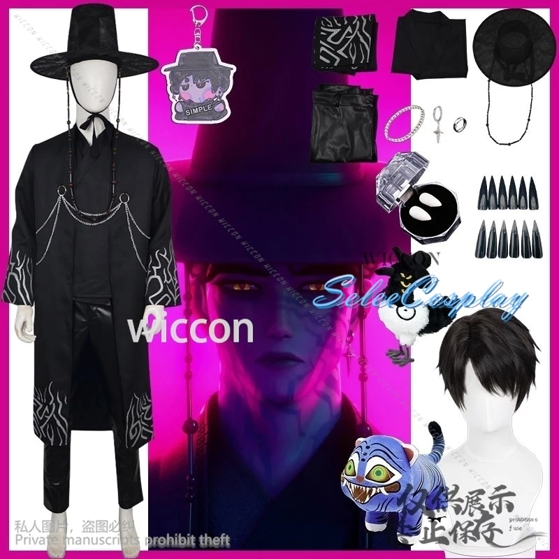 

Saja Boy Косплей Аниме Фильм Kpop Demon Jinu Готический Костюм Корейский Идол Длинная Черная Униформа Шляпа Татуировка Опора Красивый Хэллоуин 코스프레