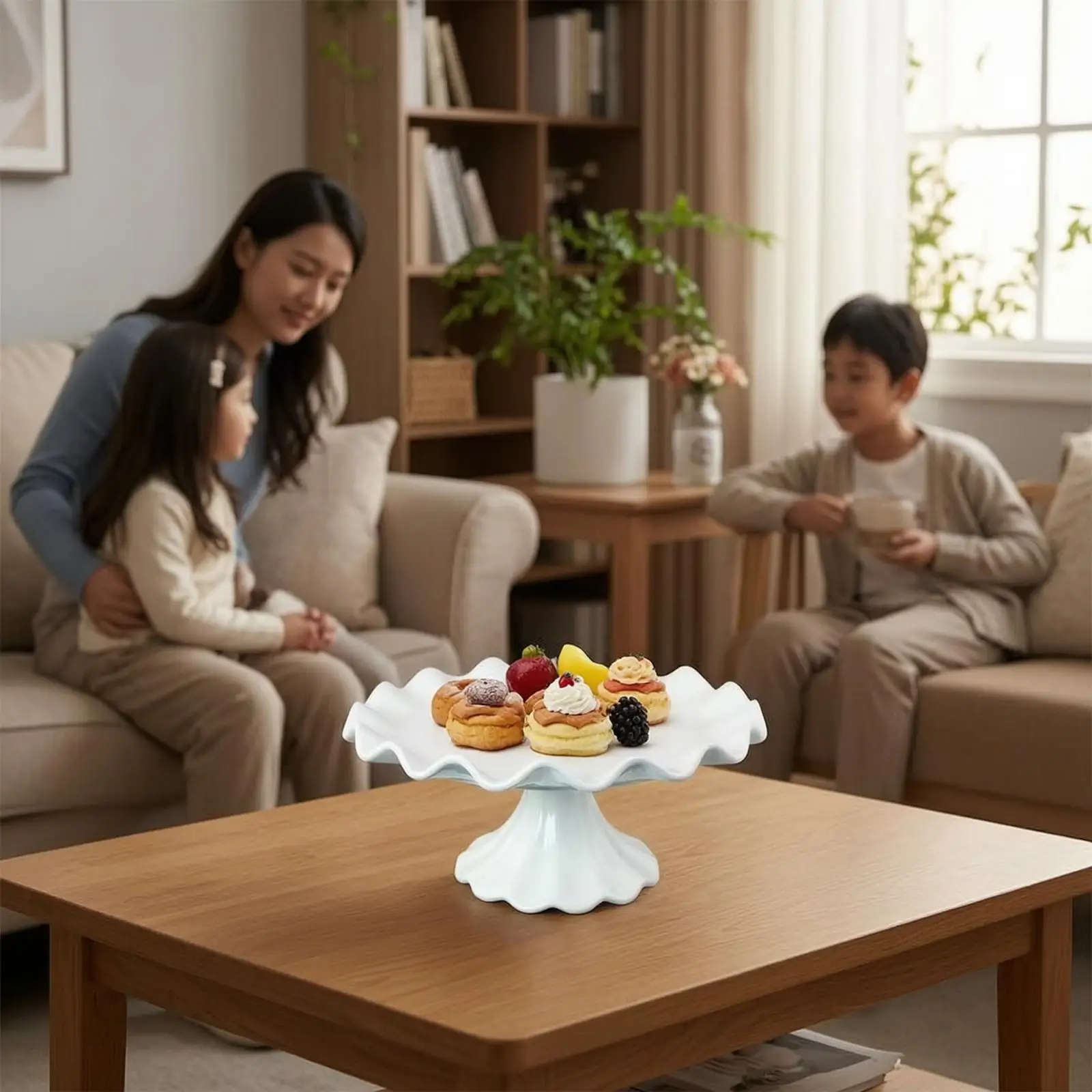 Reinforced Porcelain Cake Display Stand Fluted Edge Pedestal Serving Platter for Pastries Cupcakes Party Centerpiece