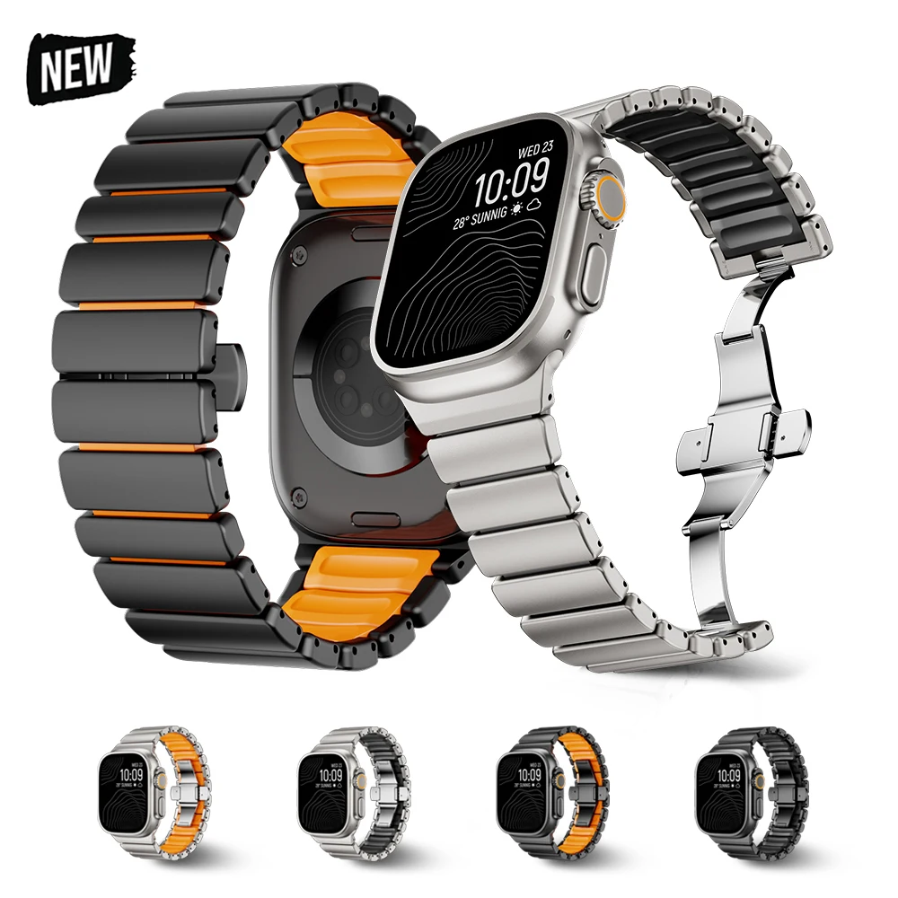 

Титановый резиновый ремешок для Apple Watch Band Ultra 3, 49 мм, Series 11, 10, 46 мм, 45 мм, 44 мм, с застежкой-бабочкой, для Iwatch 9, 8, 7, 6, SE, 3