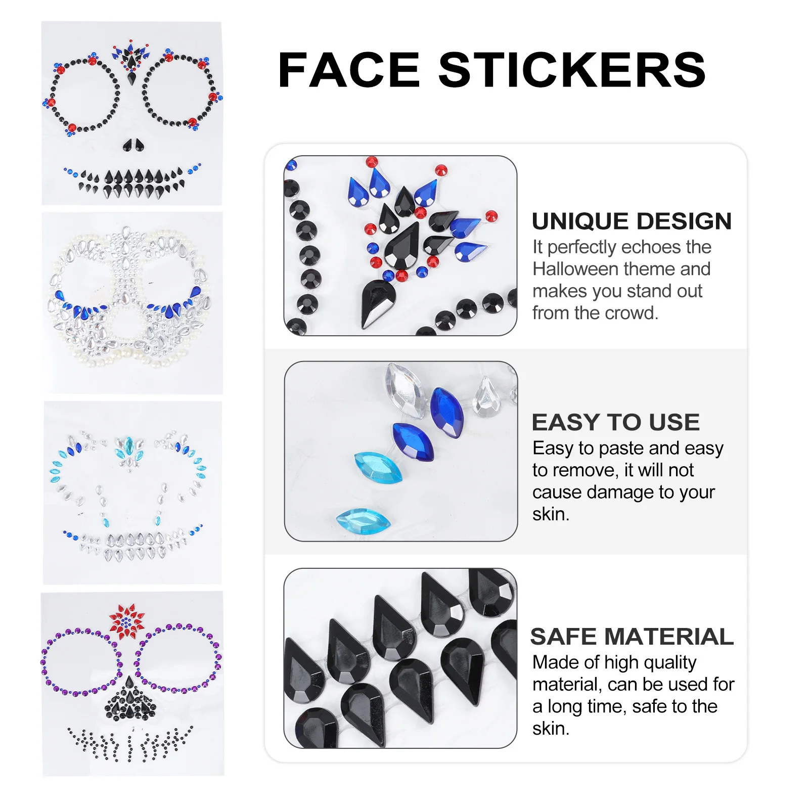 

4pcs Face Stickers For Halloween Temporary Tattoos Body Art Spooky Scary Skin-Safe Easy Apply Remove Party Decor Halloween