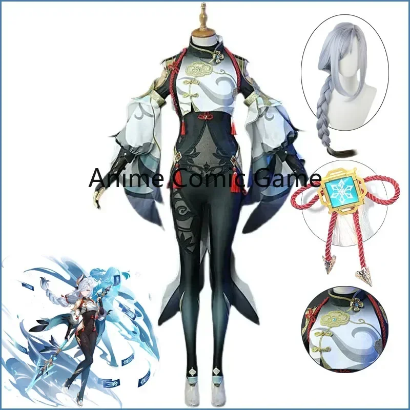 Anime Genshin Impact Shenhe Cosplay ricamo Outfit scarpe parrucche intrecciate gioco donne Sexy tuta vestito Costume Cosplay ragazza