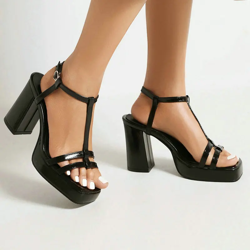 

Summer New Plain White Black Open Toe T-strap Designer Women Classic Shoes Summer Modern Block High Heels Platform Sandals