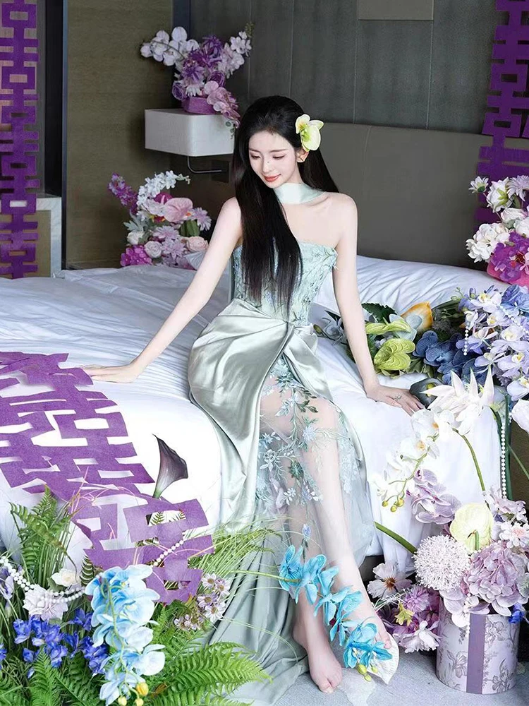 

Ele Chinese Sle Bridal Morning Robe Women's New Design Bridesmaid Wedding Dr Long Evening Gown for Engagement And Ba...