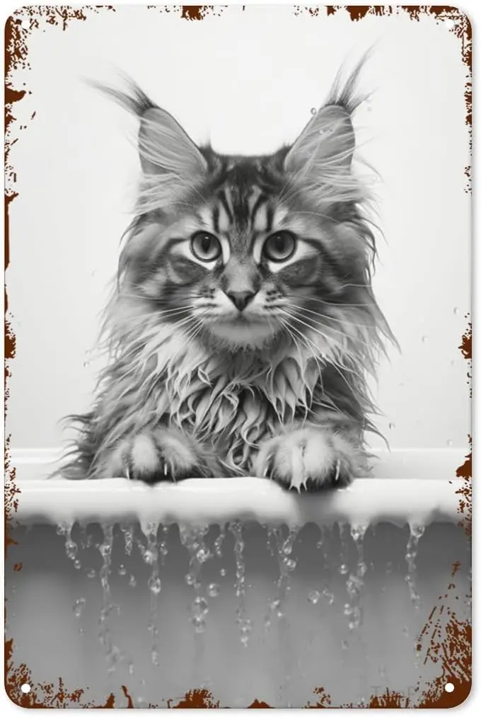 1pcsMaine Coon Cat Bathtub Tin Sign Art Poster Metal Home Bathroom Decor Animal Decor Man Cave Vintage Wall Decor Christmas Deco