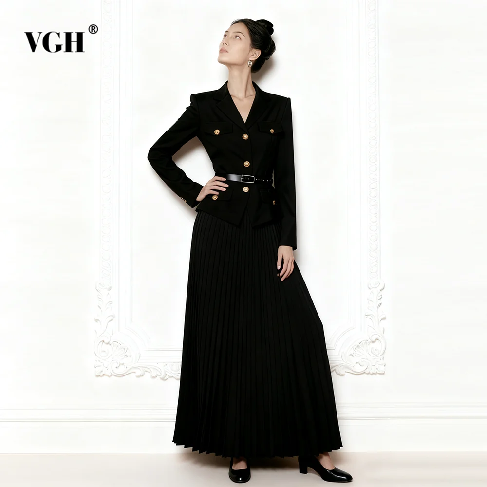 

VGH Темперамент, однотонные комплекты из двух предметов для женщин, топ с длинными рукавами и лацканами, юбка с высокой талией, весенний элегантный комплект для похудения, женский стиль