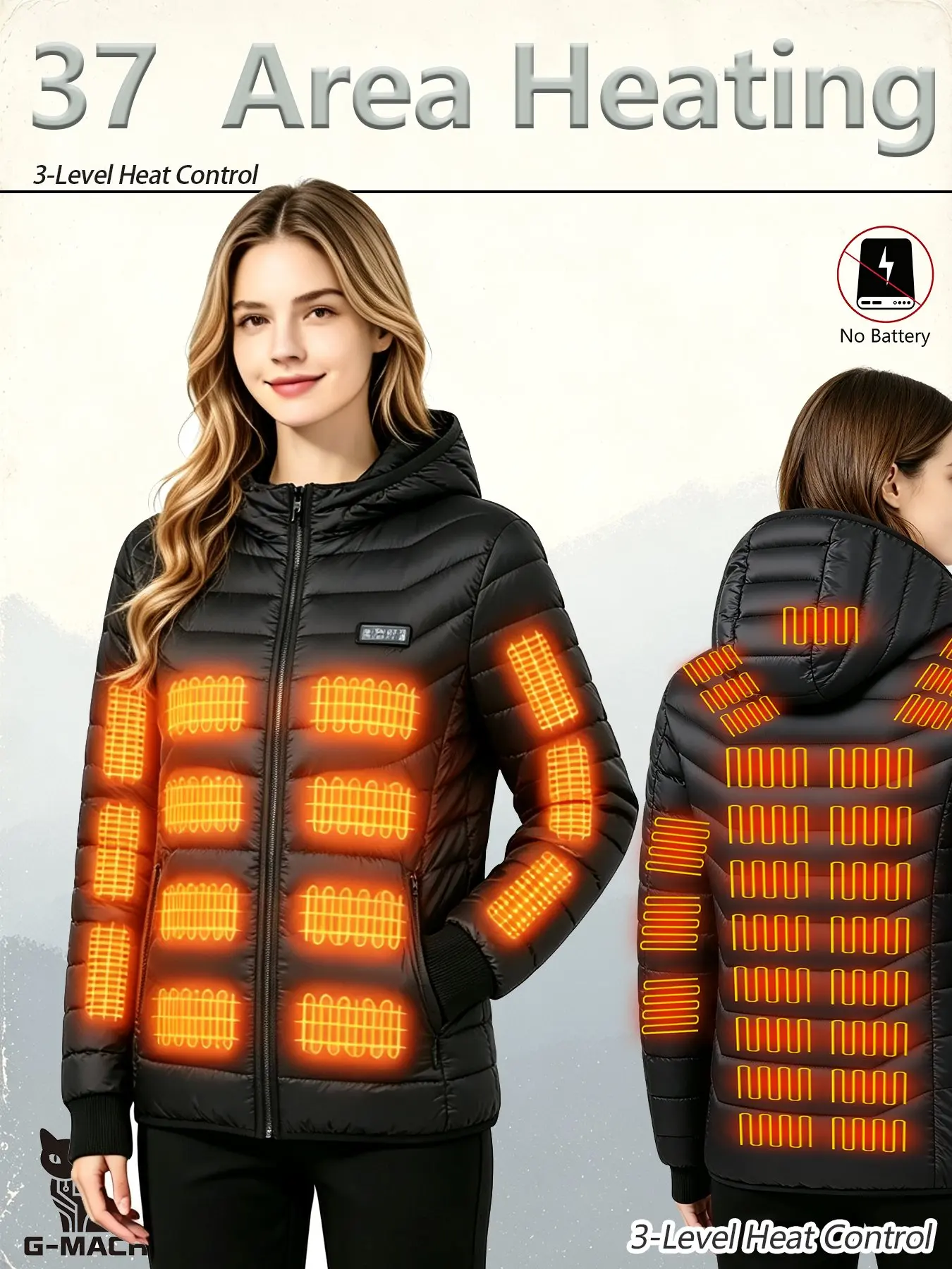 G-MACHT Unisex USB 38-Zonen Beheizte Kapuzenjacke, 4-Schalter-Steuerung, Langarm-Winterjacke für Camping, Wandern, Skifahren – Detail 7