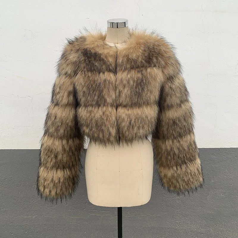 Abrigo de piel de mapache de invierno degradado para mujer, Chaqueta corta de piel Artificial con cuello redondo empalmado para mujer, abrigo de piel ecológica de estilo holgado para mujer