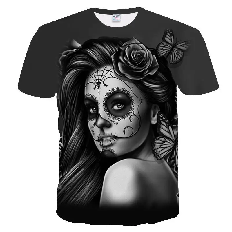 Summer Skull And Beauty Pattern Quick-Dry Men's T-shirt Hip Hop 3D Print Personality   Neck Short Sleeve  Fashion Clothes