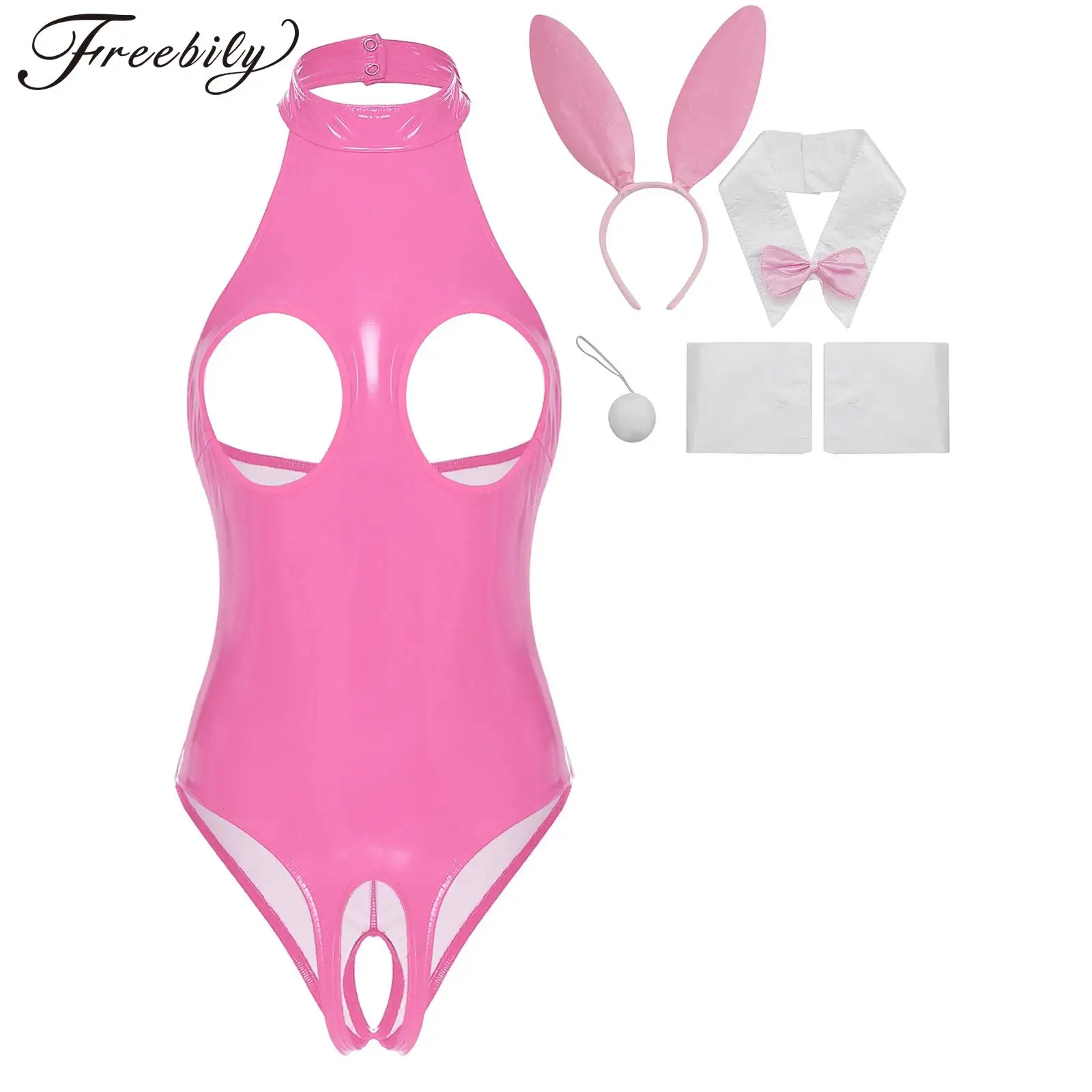 Bunny Girl Cosplay Costume PU Leather Open Cup Crotchless Backless Bodysuit Rabbit Suit Kawaii Ears Anime Outfit for Womens