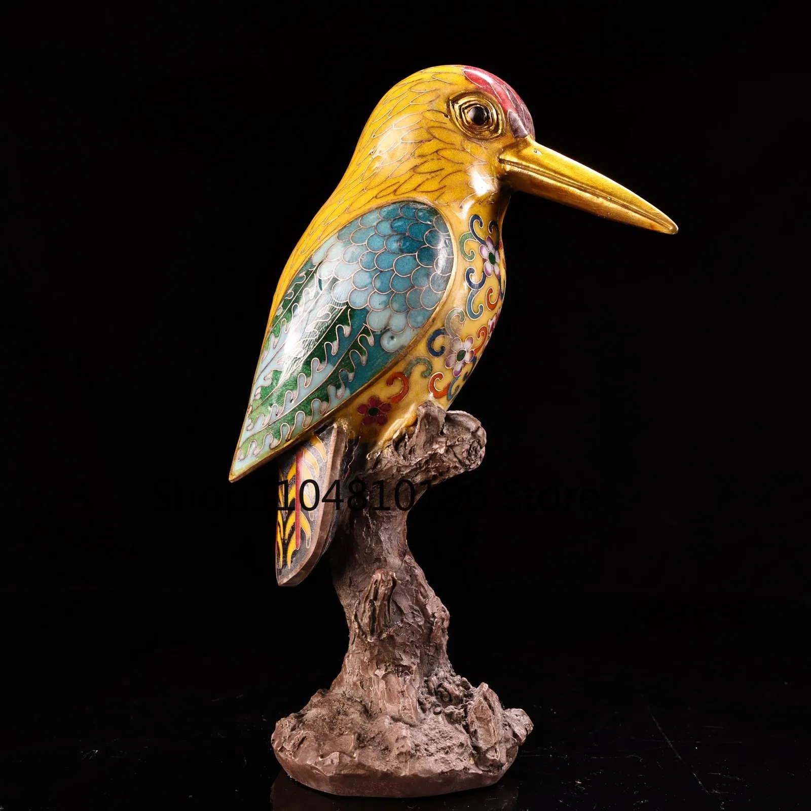 Bronze Cloisonne Flower Texture Long billed Painted Bird Statue Standing Tree