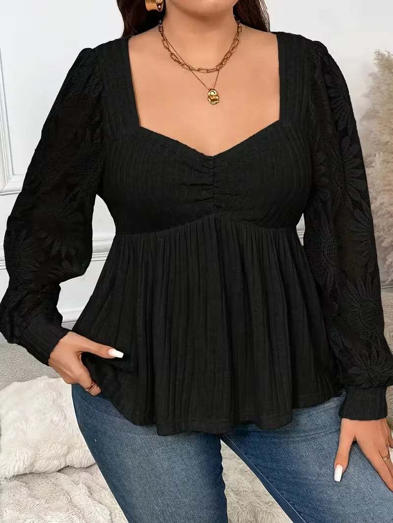 بلوزة نسائية كبيرة الحجم سلسلة أنيقة - كبيرة الحجم لون نقي مرقع شبكة عباد الشمس بأكمام طويلة للنساء