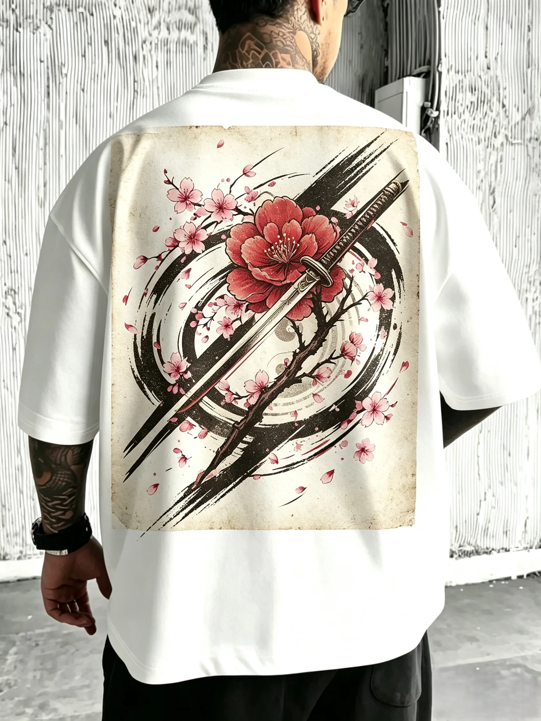 Unisex Oversized T‑Shirt Vintage Paper Style Cherry Blossom Peony Samurai Sword Brush Stroke Oriental Back Print Hip Hop Streetwear Short Sleeve Tee Men Women