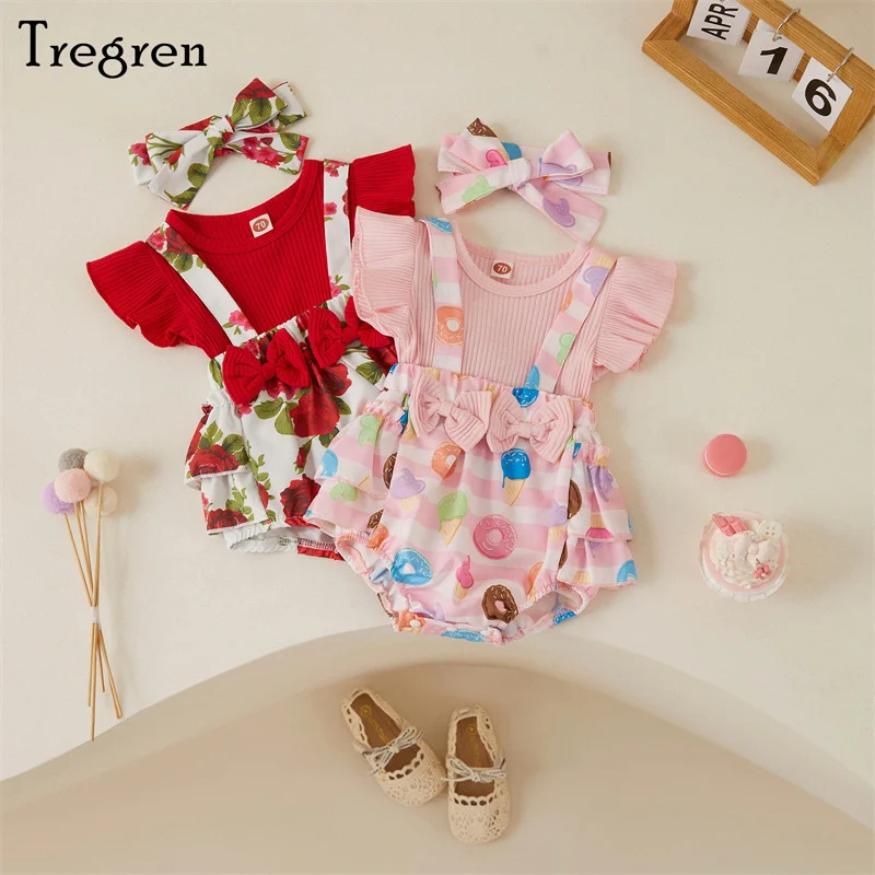 

Tregren Infant Baby Girls Outfit Set Fake Two Piece Suspender Bowknot Patchwork Donut/Flower Printed Ruffle Romper with Headband