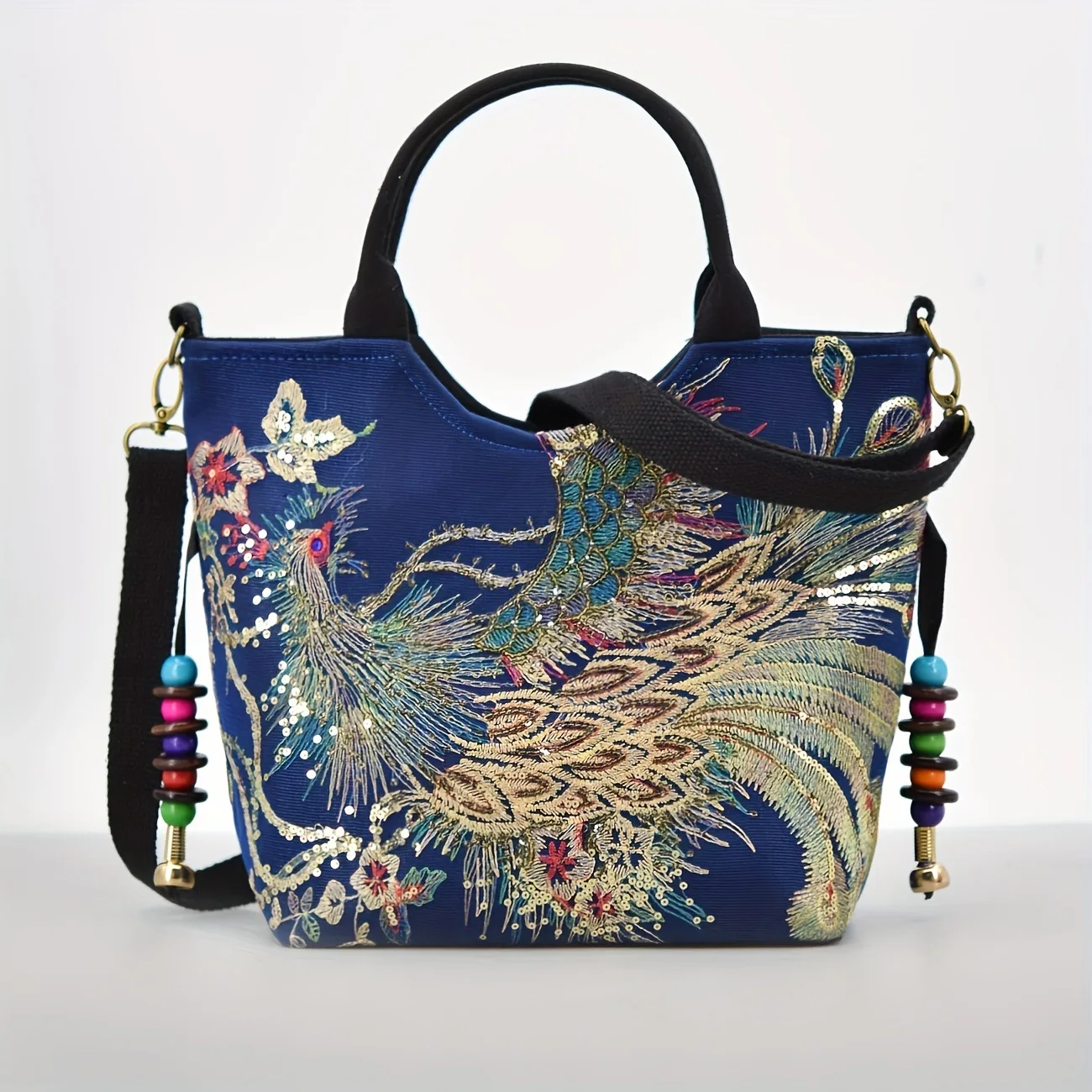 

Peacock Embroidery Handbags Designer Luxury Ethnic Style Sequins Tote Bag Vintage Canvas Crossbody Bags for Women bolsa