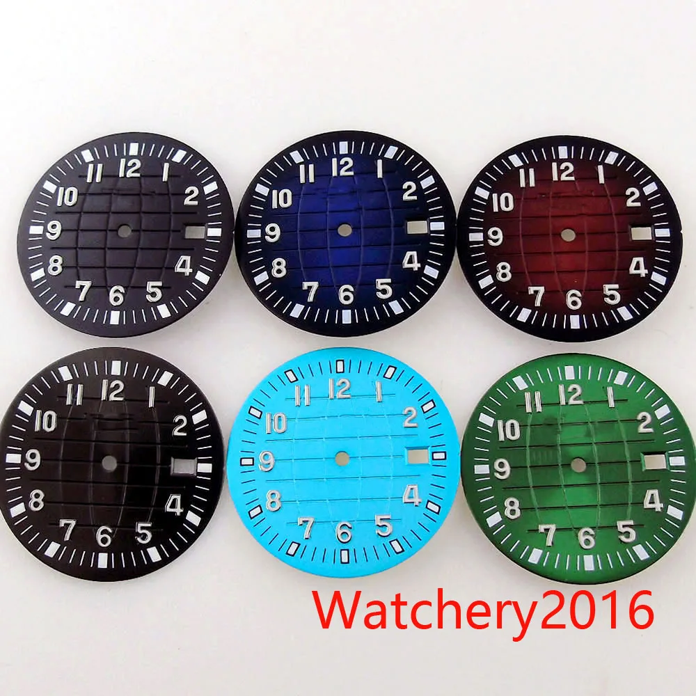 

33mm Watch Dial Fit For NH35/NH35A Automatic Movement Green Luminous Black/Blue/Green/Red Color Date Window White Index