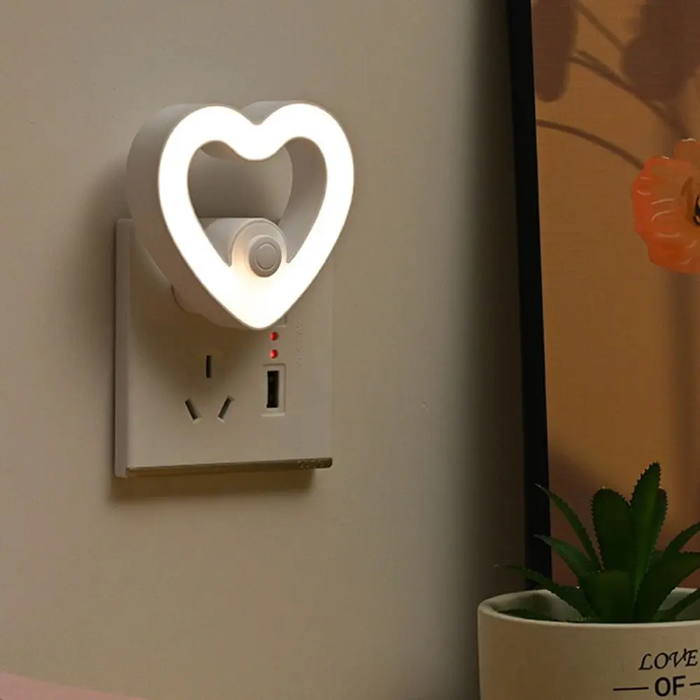 Plug-in Love Night Light 3 Gears Adjustable Eye Protection Cute Bedside Lamp Soft Light Energy Saving Mini Wall Lamp Room Decor