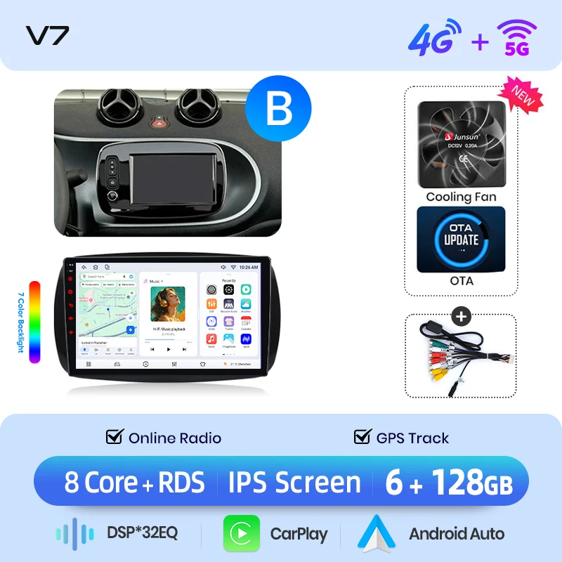 Junsun draadloze CarPlay Android Auto autoradio voor Smart Fortwo (C453) / Forfour (W453) 2014-2021 met ingebouwde koelventilator, Android GPS navigatie, multimediaspeler, WiFi, DSP, RDS, BT, SWC, IPS