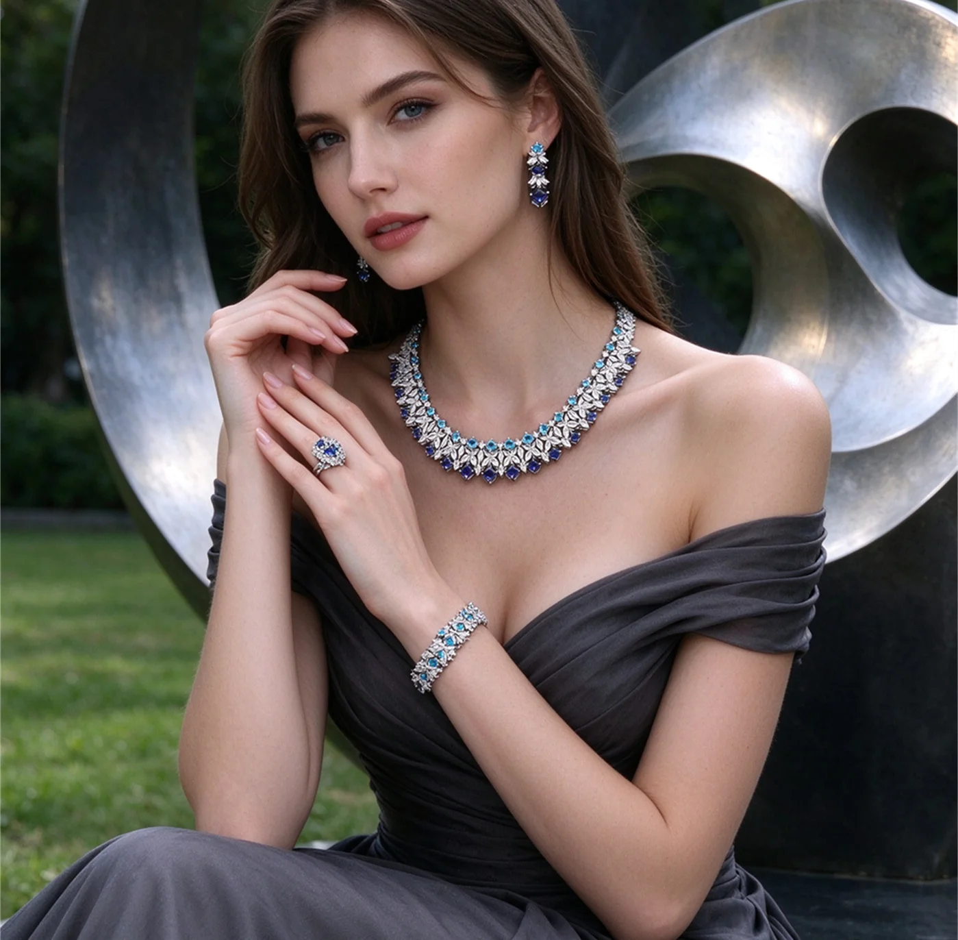 Women Long Tassel CZ Jewelry Set Full Paved Cubic Zirconia Necklace Bracelet Earrings Ring Accessories For Party Christmas Gifts