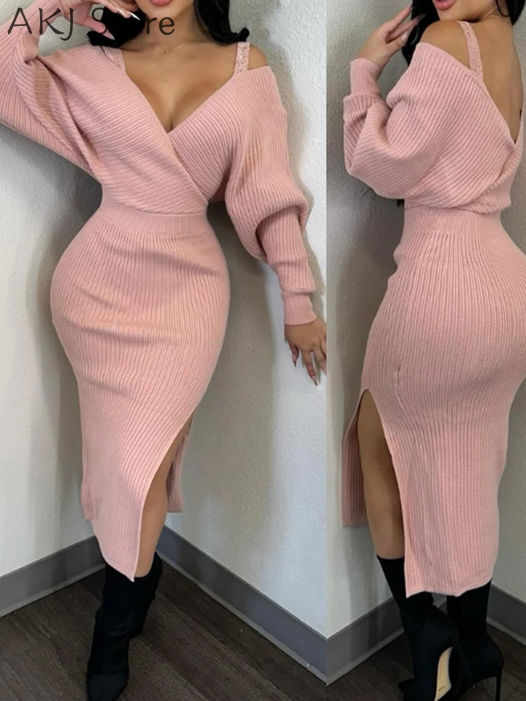 Casual Plunge Thick Strap Lace Slim Fit Slit Dress