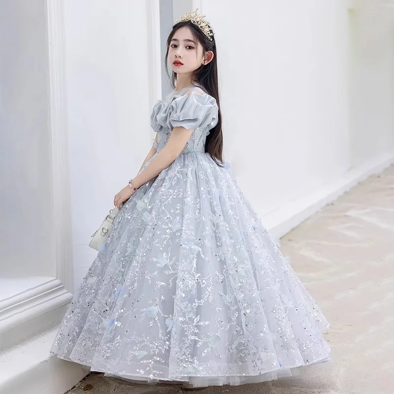 Girls evening dress gray beautiful princess birthday flower child model catwalk children host piano performance suit