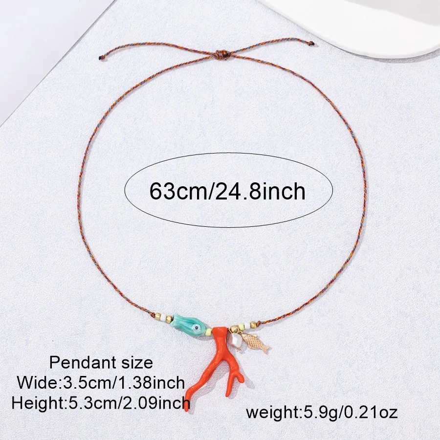 MHS.SUN New Ocean Imitation Coral Glass Fish Pendant Necklace Boho Colorful Braided Rope Adjustable Women Vacation Party Jewelry