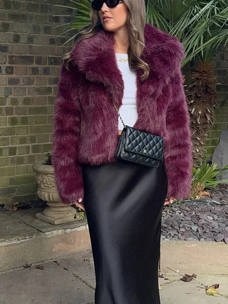 HH 2024 abrigo Vintage de piel sintética sólida para mujer, abrigos de lana de felpa cálidos de manga larga con cuello vuelto, prendas de vestir para invierno y otoño para mujer